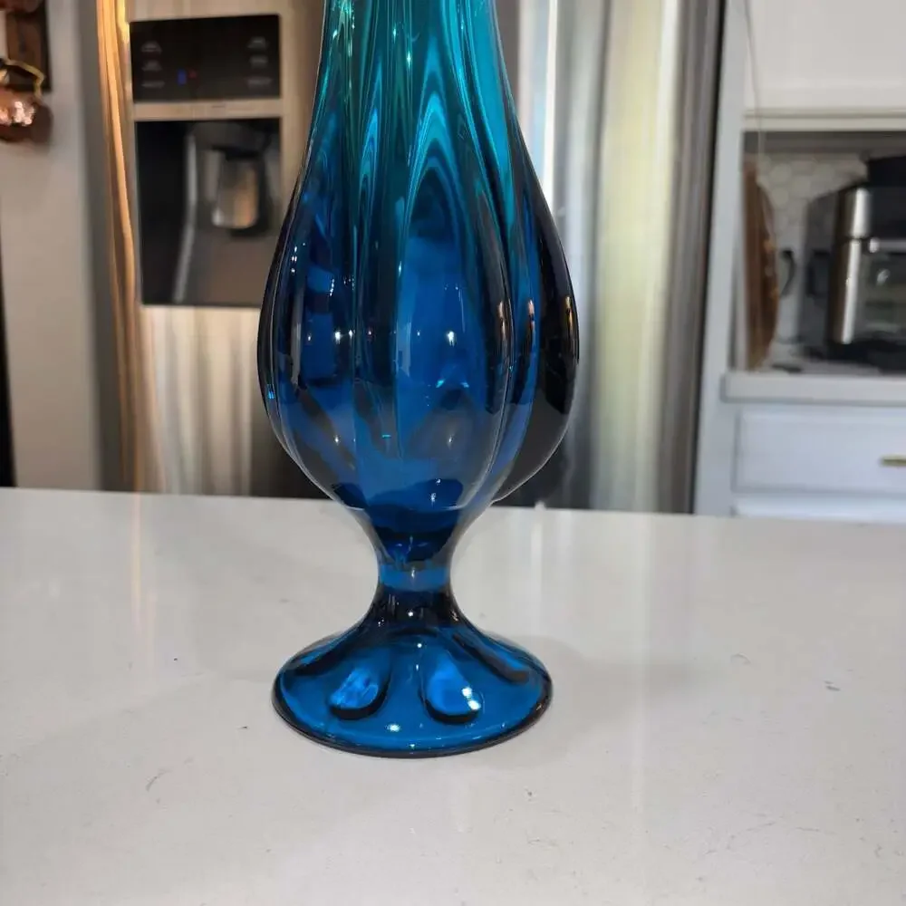 MCM Viking Glass Bluenique 21” Swung Vase Epic 6 Petal Footed Pedestal Excellen